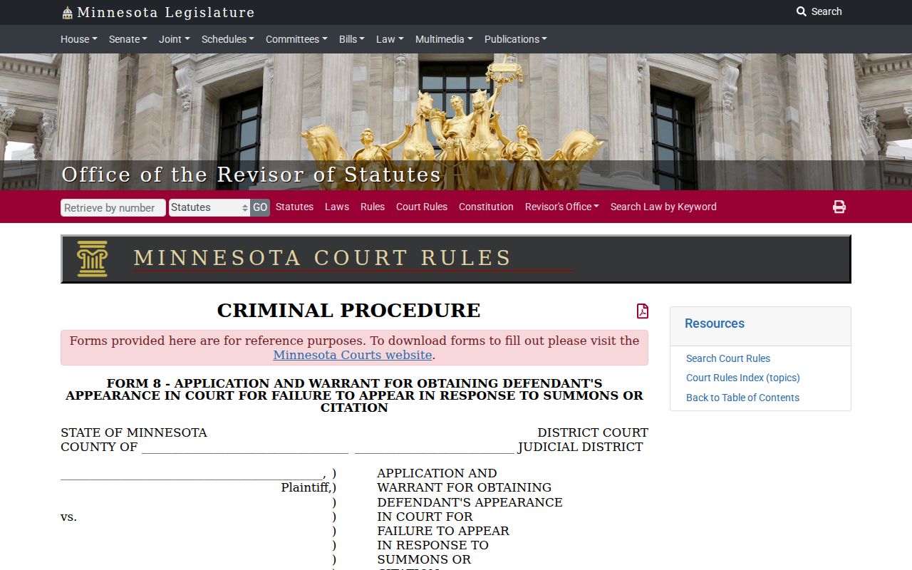 Blank Minnesota failure-to-appear warrant form used for Polk County bench warrant search context