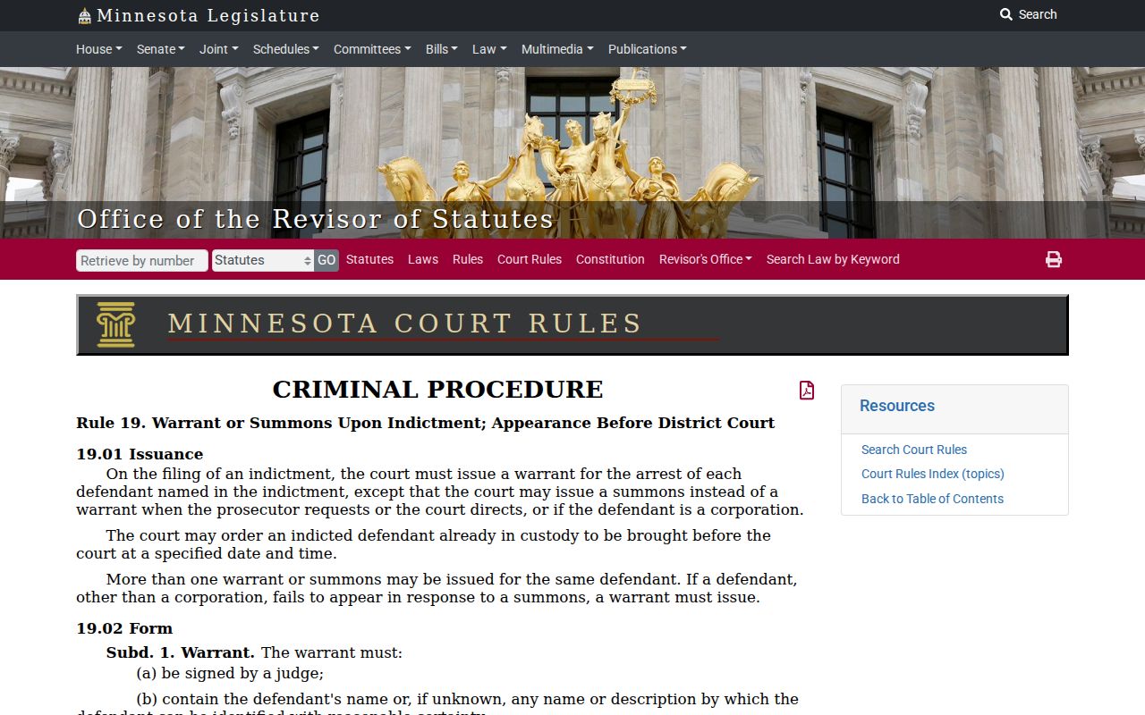Minnesota criminal rule 19 text used for Polk County arrest warrant search context