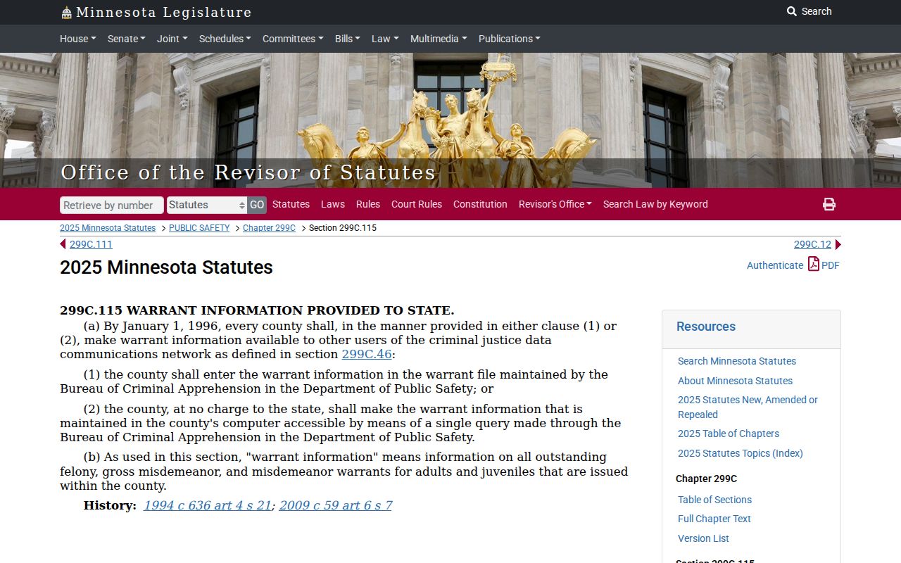 Minnesota statute on the authorized criminal-justice warrant network for Polk County outstanding warrants