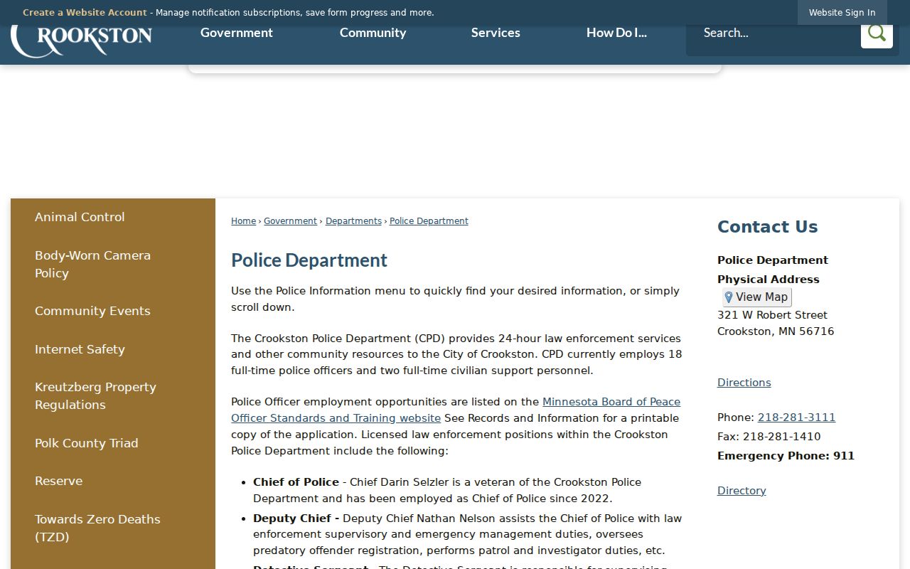 Crookston police contact page used for Crookston warrant search routing