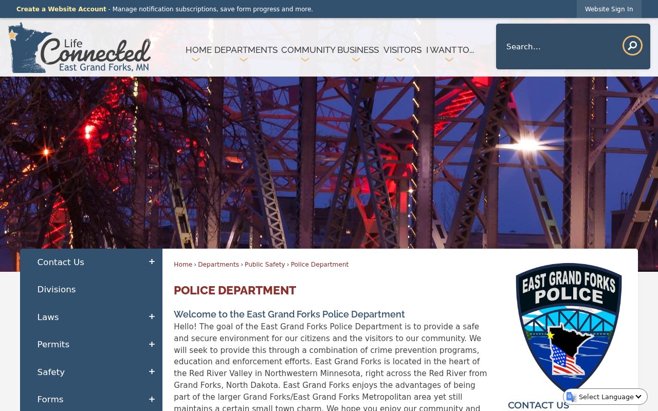 East Grand Forks police contact page used for East Grand Forks warrant search routing