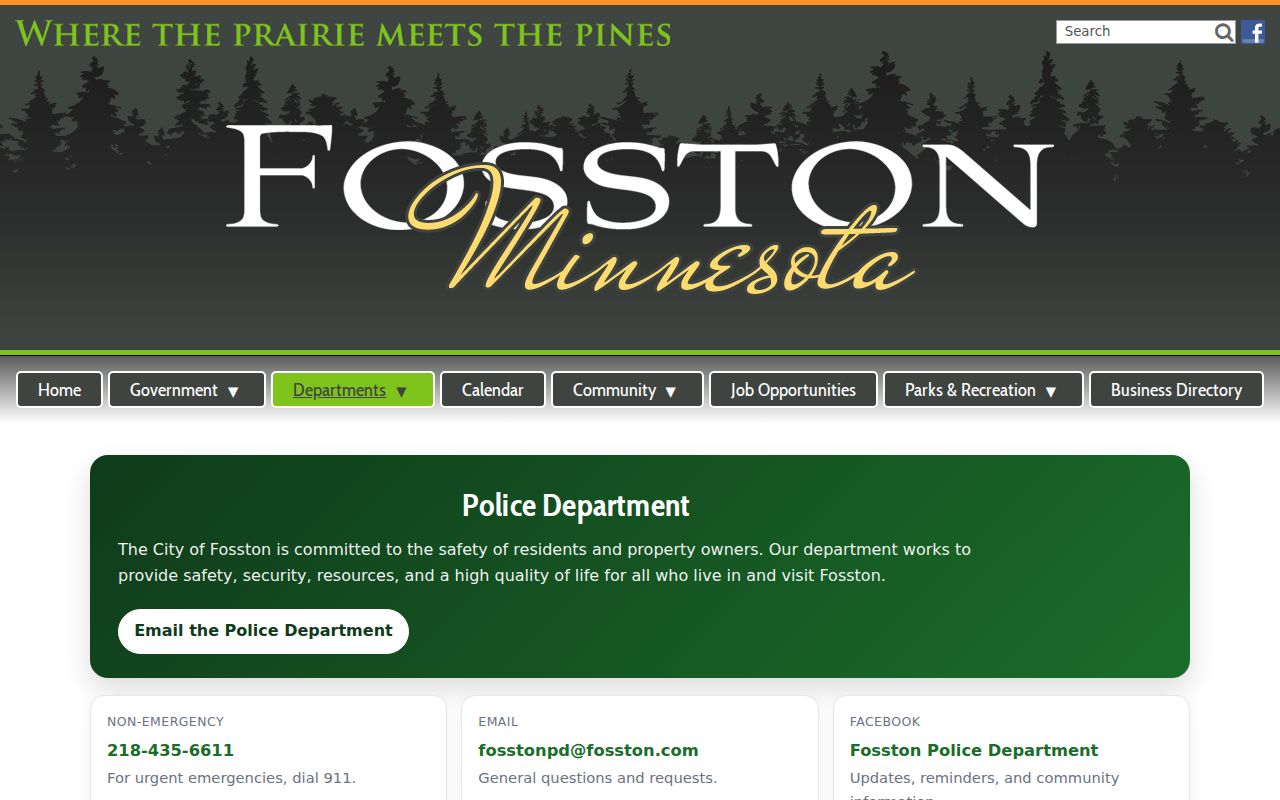 Fosston police and city office contact page used for Fosston warrant search routing