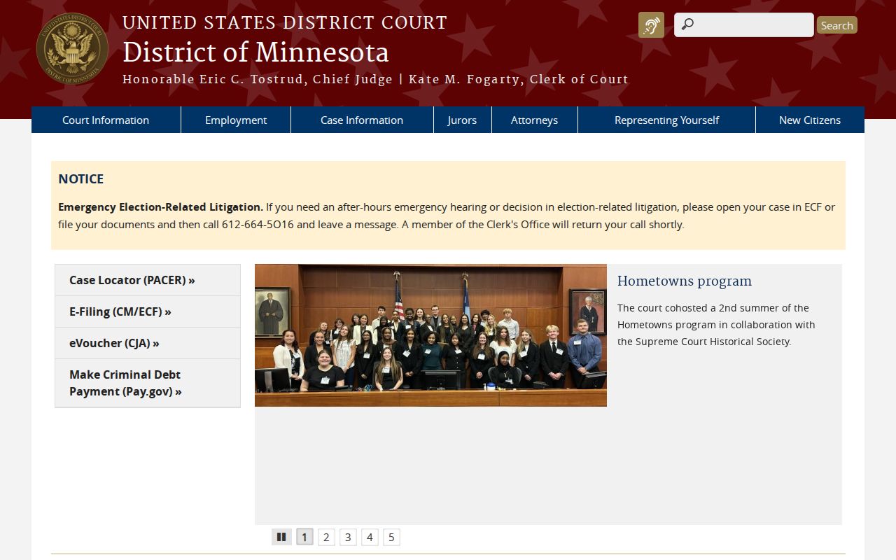 Federal court landing page used for Polk County arrest warrant search on federal matters