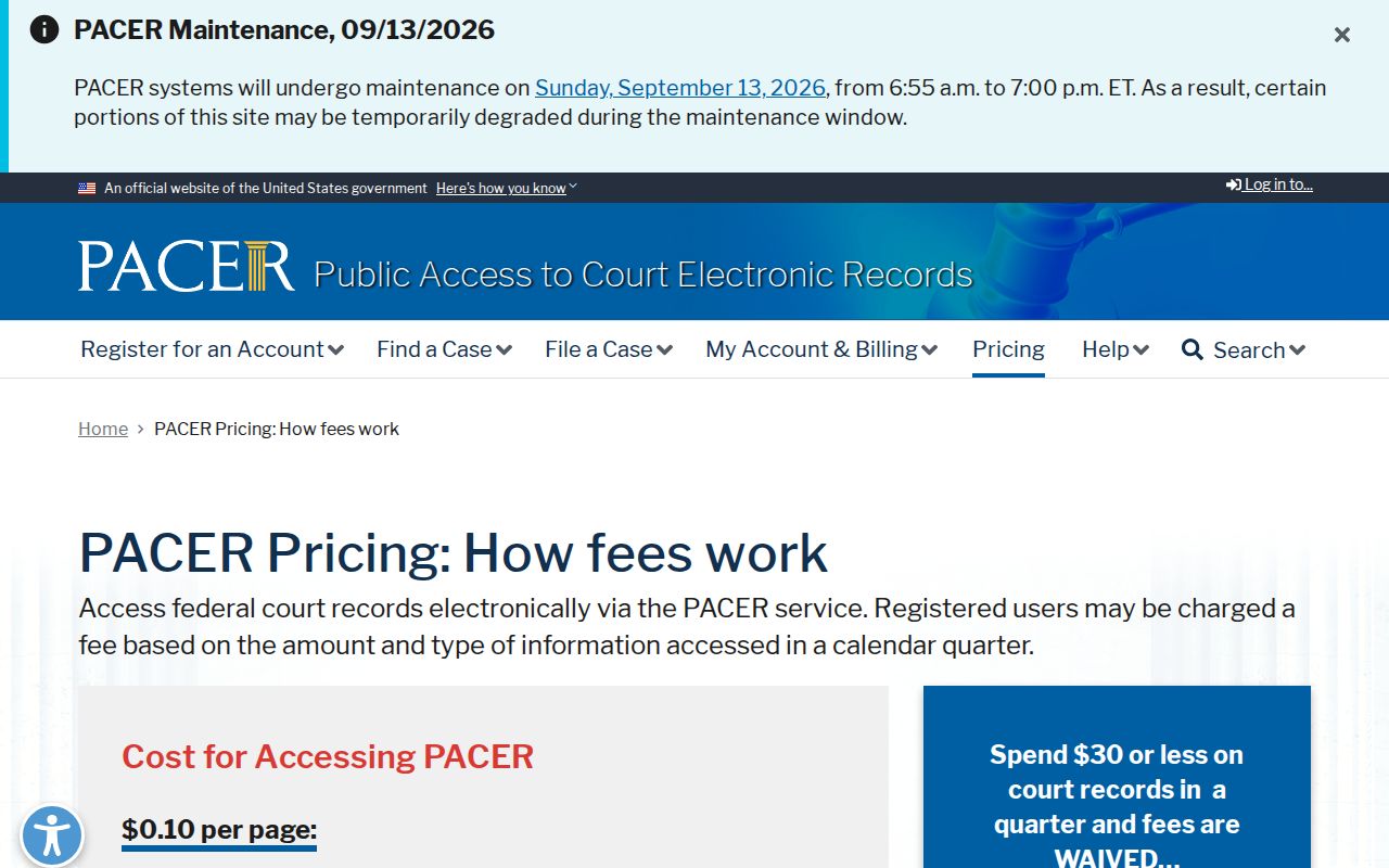 PACER pricing page used for Polk County arrest warrant search on federal dockets