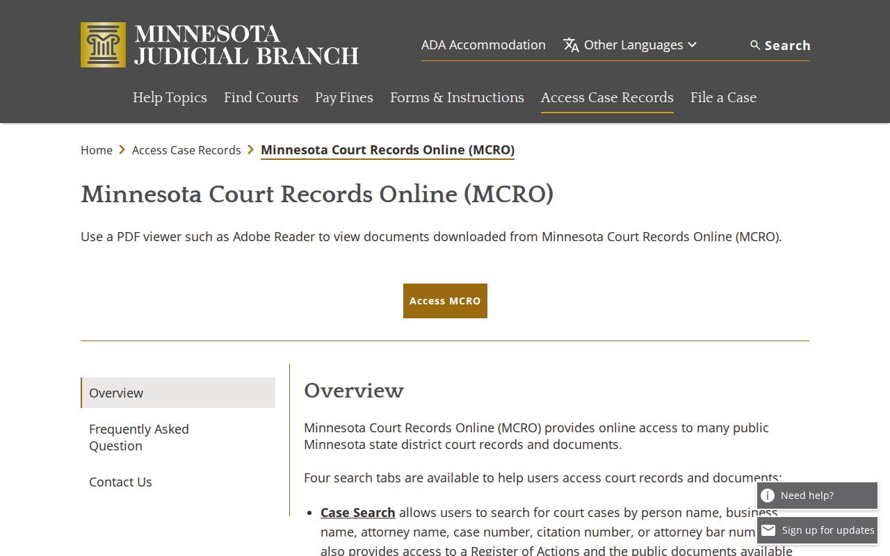 Minnesota Court Records Online landing page used for Polk County warrant records checks